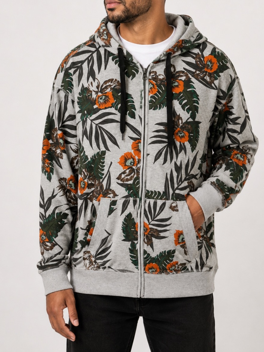 Sean John Tropical Floral Full Zip Hoodie Gray Orange Green Size XL